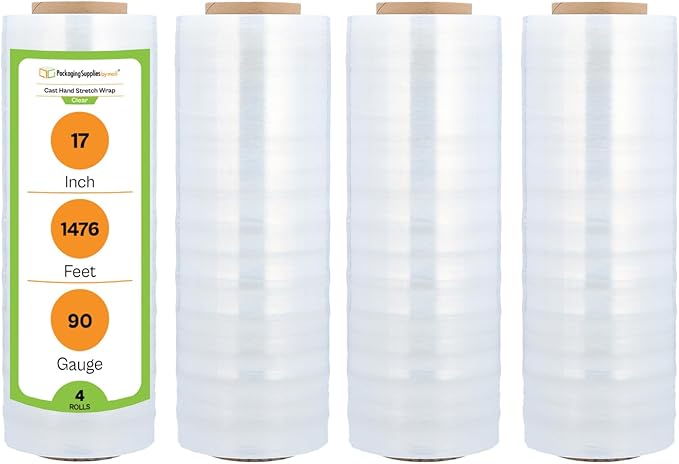 PSBM Stretch Wrap, 4 Pack, 17 Inch x 1476 Feet, 83 Gauge, Clear Plastic Cling, Cast Hand Stretch Film Rolls for Packaging Moving Packing Pallets