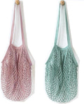 2Pcs Portable Reusable Mesh Cotton Net String Bag Organizer Shopping Tote Handbag Fruit Storage Shopper NEW (green,purple)