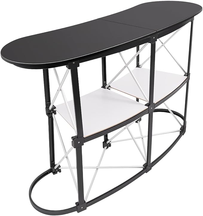 Portable Tradeshow Podium Table, Display Counter Stand with Wall, Foldable Promotion Retail Bar Table Pop Up Podium with Storage Rack