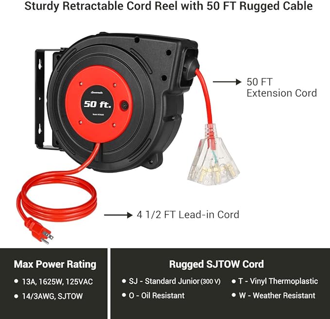 DEWENWILS Retractable Extension Cord Reel, 50FT Power Cord Reel with 14AWG/3C SJTOW, 13A Circuit Breaker, Wall/Ceiling Mounted, 3-Lighted Triple Outlets for Garage, Workshop, UL Listed, Red