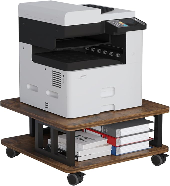 Mobile Printer Stand, 2-Tier Large Printer Shelf for Laser 3D Printer Office Machine with Storage, 23.6"x23.6" Wood Printer Cart Under Desk Rack with Wheels for Office Home Kitchen (Brown)