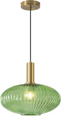 KCO Lighting Modern Gold Pendant Lights Kitchen Island Lighting Large Green Glass Globe Pendant Light Brass Dining Room Hanging Light Fixture Vintage Ribbed Ceiling Light