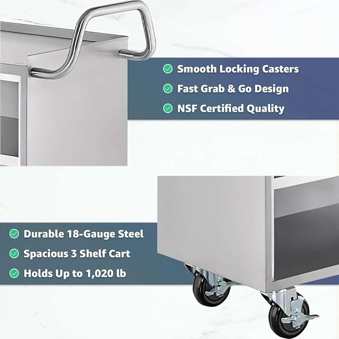21" x 33" Stainless Steel Utility Cart with Enclosed Base and Open Front - 3 Shelf Heavy-Duty Commercial Service Cart - NSF Prep & Work Table for Kitchen, Catering, Restaurant