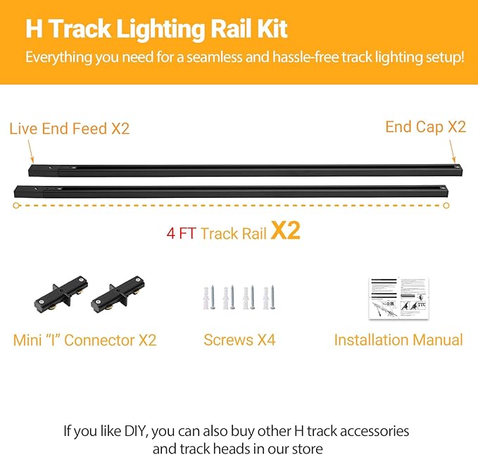 VANoopee H Track Lghting Rails 8FT H Type Track Light Rails Black H Track Rail Kit, End Caps & Live End Feed Connector Included, Compatible with Single Circuit 120V H Style Track System & Track Heads