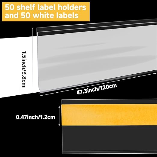 50 Pcs Shelf Label Strips 1.5''H x 48''L Self Adhesive Label Holder with 50 Pcs White Labels, Gondola Price Tag Holder Clear PVC Adhesive Ticket for Metal Wood Plastic Rack (Clear)