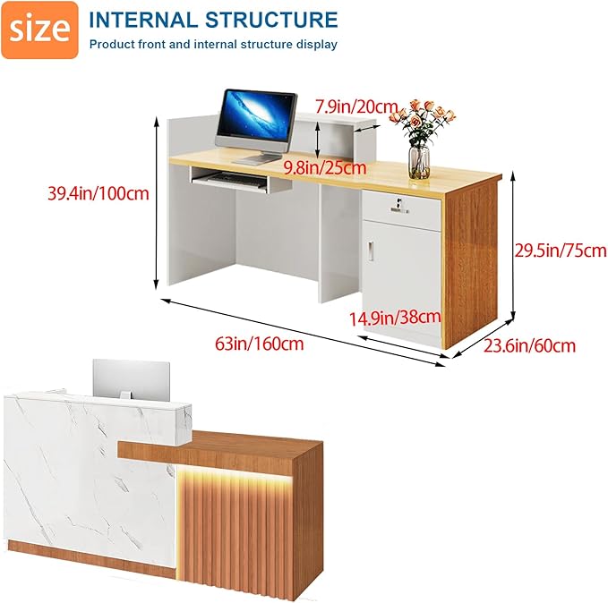 Reception Desk with Counter LED Light and Lockable Drawers and Storage Tall Modern Front Desk Reception Counter for Checkout Lobby Beauty Salon B Right 63inch/160cm