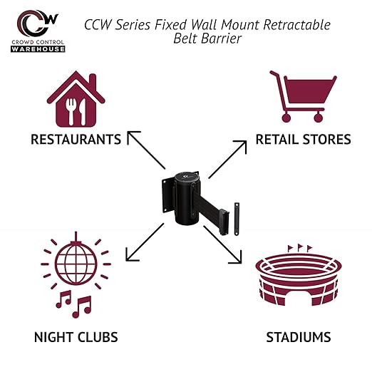 Crowd Control Warehouse - CCW Series WMB-120 Fixed Wall Mount Retractable Belt Barrier - 11 Foot, Red & White Diagonal Stripes Belt with Stainless Steel Case