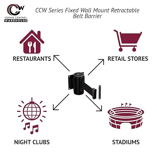 Crowd Control Warehouse - CCW Series WMB-120 Fixed Wall Mount Retractable Belt Barrier - 11 Foot, Red Belt with Stainless Steel Case