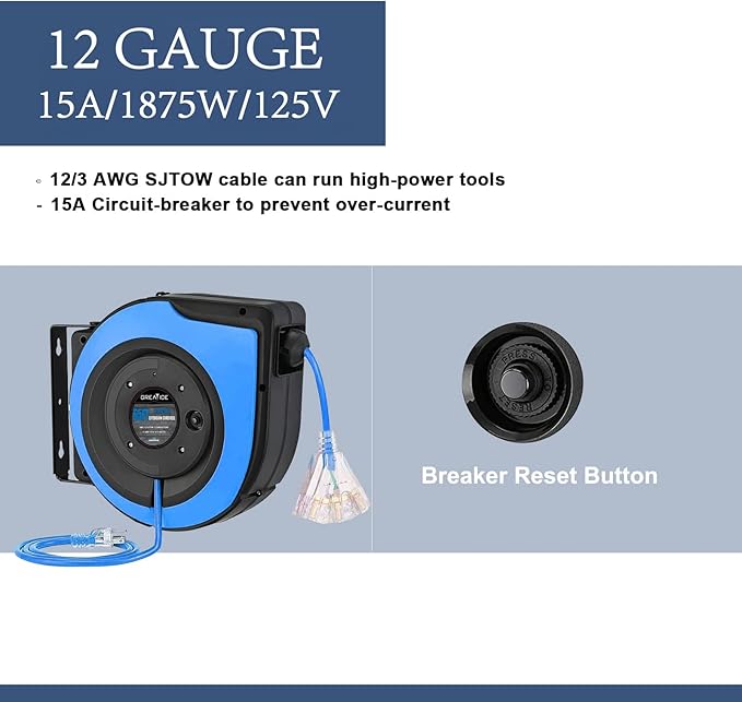 Retractable Extension Cord Reel, 65 Feet 12 AWG/3C SJTOW Heavy Duty Power Cord,15 AMP Circuit Breaker, 3-Lighted Triple Outlets, Ceiling or Wall Mount Use Gifts for Dad
