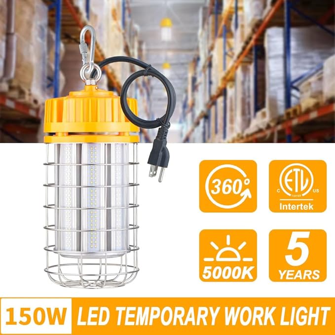 150W LED Temporary Work Light, 19500LM 5000K Daylight Hanging Construction Lights, 100-277VAC, IP67 Waterproof Portable Linkable Job Site Lighting with Hook for Workshop Area Lighting