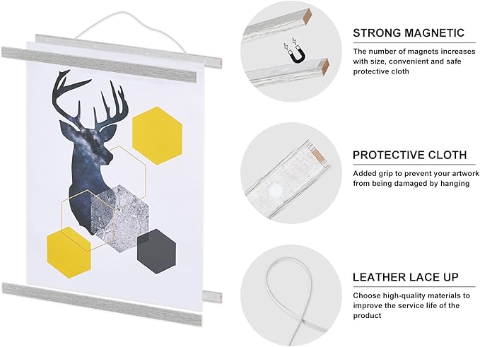 Magnetic Poster Hanger, 20x28 20 x 30 20x24 Poster Frame Wood Wooden Magnet Print Posters Dowel Scroll Hanger Hangers Hanging Kit for Walls Map Canvas Artwork (Grey, 20")