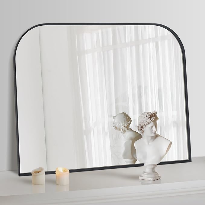 Modern Large Wall Mirror, Modern Mantel Minimalist Home Decor, Brushed Black Metal Framed Arched Mirror for Living Room, Bedroom, Fireplace, Mantle, Entryway, Bathroom, 36" x 30", Black