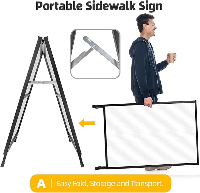 2 Pack Heavy Duty A-Frame Sidewalk Sign 24 x 36 Inch, Portable Double-Sided Sandwich Board Slide-in Folding Metal Signboard with 4 Plastic Poster Boards