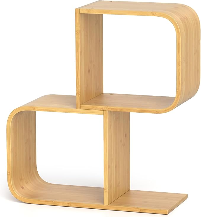 Giantex S-Shaped Bookcase, 2-Tier Bamboo Bookshelf with 2 Open Cubes, Geometric Corner Display Shelf, Decorative Storage Organizer, Floor Storage Rack for Living Room, Study, Home Office, Natural