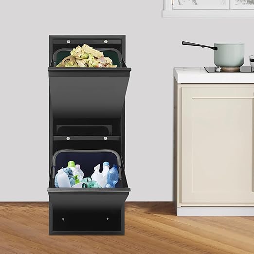Dual Tilt Out Trash Can Cabinet Waste and Recycling Bin Combo Large Garbage Cans for Kitchen Home Stainless Steel Dog Proof Trash Can Cabinet