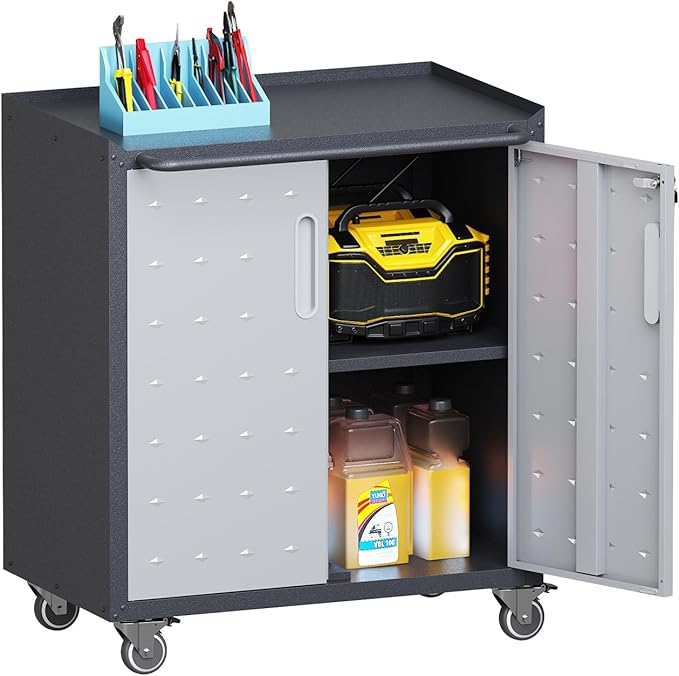 Metal Storage Cabinet with Wheels, Lockable Rolling Tool Chest with Adjustable Shelf & Handle & 2-Doors, Mobile Steel Locker for Garage, Home, Office, School, Assembly Required, Black&Grey