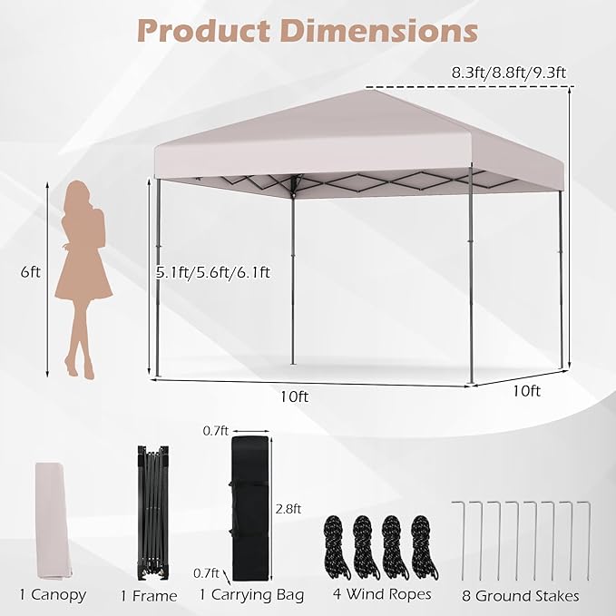 Tangkula 10x10 FT Pop Up Canopy, UPF50+ Portable Outdoor Tent with 8 Stakes, 4 Wind Ropes, Carrying Bag, Foldable Canopy Tent for Beach Party Event Camping