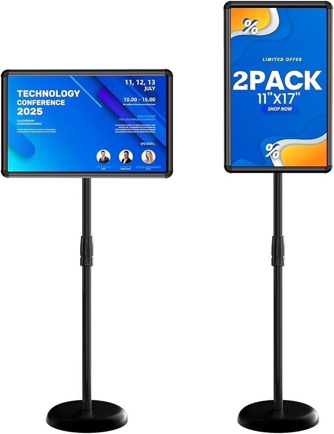 Sign Stand - Standing Sign Holder for 11x17 Inch, Pedestal Poster Sign Stand, Vertical and Horizontal View Displayed, Round Corner Sign Holder for Church School Parties Business Show, Black (2 Pack)