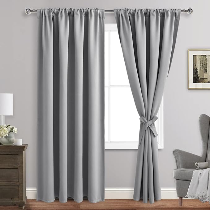 JIUZHEN Thermal Insulated Blackout Curtains - Room Darkening, Energy Saving & Noise Reducing, 52 x 84 Inch Length Curtains for Bedroom & Living Room, Silver Grey