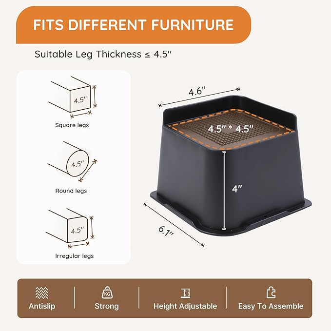 Bed Risers, Oversized Furniture Risers, 4 inch Raise Blocks for Bed Couch Desk Sofa Table Lifts, Furniture Legs Lifters Support up to 6000 Lbs (Black, 4 Pack Set)