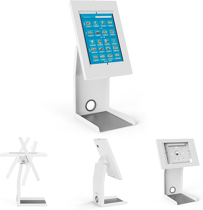 Mount-It! Anti-Theft Tablet Kiosk with Printer Stand, Locking Countertop Tablet Enclosure with Freestanding Base, Universal Enclosure Compatible with iPads Gen 9 and 10, iPad Pro, iPad Air, White