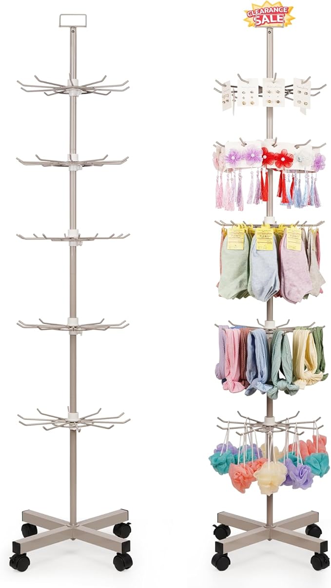 Retail Display Stand Store Display Rack 5 Tier Metal Spinning Display Stand Rack with Wheels Keychain Jewelry Stocking Hat Display Stand with Hooks for Malls, Showroom, Retail Store (Grey)