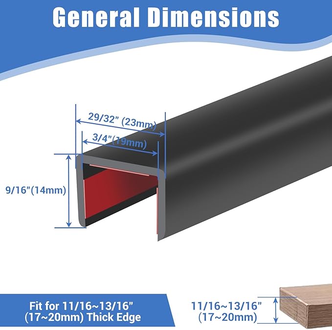 Rubber Edge Trim, Self-Adhesive U Channel Edge Protector for Plywood, Cabinet, 3/4" Wood Edge Banding, Flexible Furniture Repair, EPDM Material, Fit 3/4"(19mm), Length 20Ft, Black Color