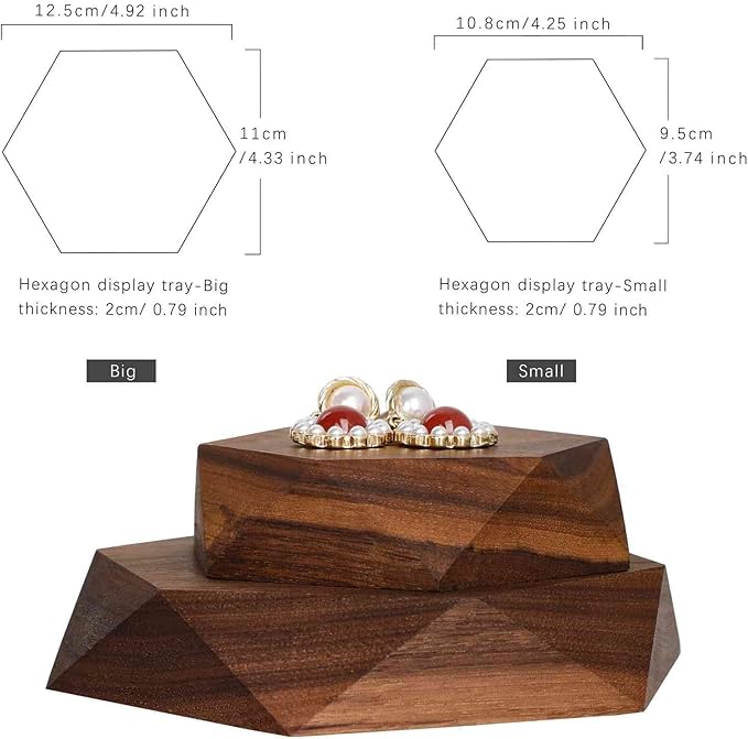 GemeShou 2pcs Wooden Jewelry display tray, Hexagon jewelry display riser, Jewelry retail shop photography props【Walnut Hexagon tray-2pcs】