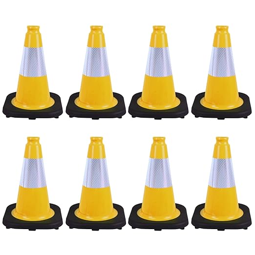 8 Pack 12 Inch Yellow Traffic Cones with Black Base, Multipurpose Road Safety Markers for Driveway, Parking Lots, Pet Training, Kids Games (8, Yellow, 12 Inch)