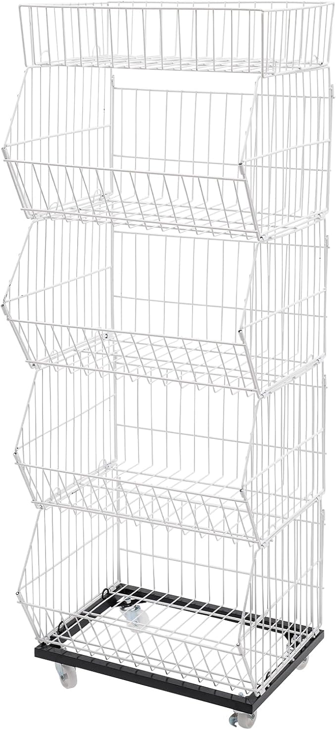 5 Tier Retail Display Rack, Rolling Storage Rack 5 Layers 18.9*17.72*55.12in Metal Display Shelf Fruit Vegetable Snack Basket Storage Supplies for Home Store Market (White, 48*45*140cm)