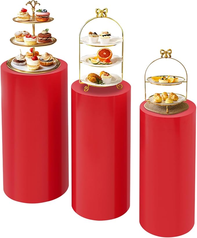 Cake Pedestal Stands for Party 3PCS Dessert Table Display Plinth Pillars Red Round Cylinder Pedestal Stands for Wedding Sculpture Display Column Decoration Cube (3PCS-Cylinder-Red)