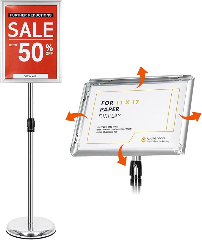 Adjustable Sign Stand for Display, Pedestal Floor Signage Stand Holder with Heavy Duty Base, for Outdoor or Indoor Advertising (11 x 17, Silver)