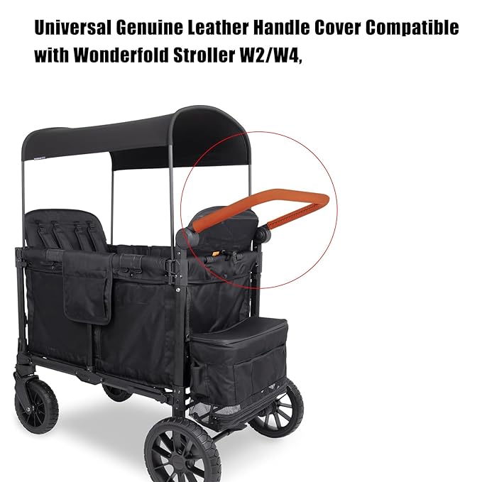 Universal Genuine Leather Handle Cover Compatible with Wonderfold Stroller W2/W4,38 inches Long Hand Sewn Handle Cover for Most Stroller Wagon(Brown),Non-Zippered Style