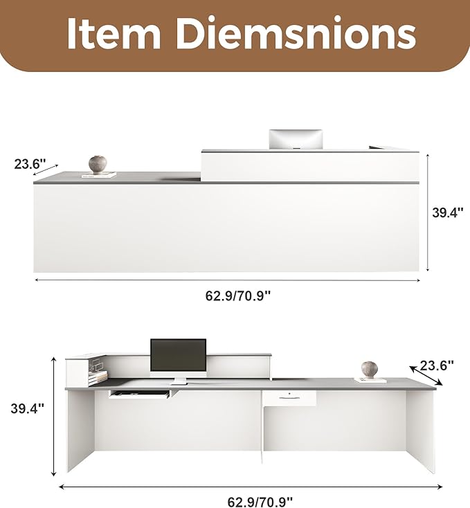 Modern L-Shaped Reception Desk with Counter – 63" Front Desk Reception Room Table with Lockable Drawer & Keyboard Tray for Office, Salon, Lobby, Checkout (White + Gray, Left)