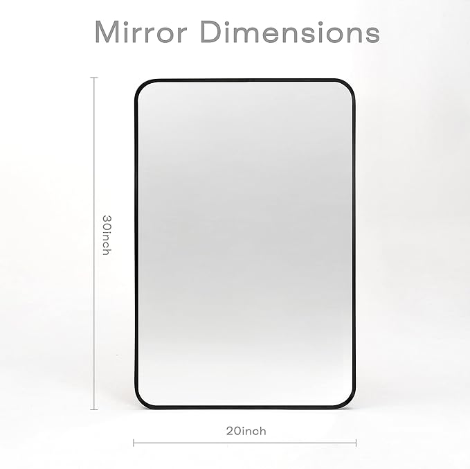 Wall Mount Mirror for Bathroom, Brush Black Metal Framed Rounded Corner Rectangular Vanity Mirror (20" x 30", Black)