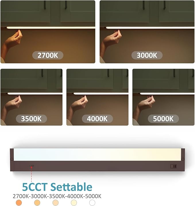 LED Under Cabinet Lighting Hardwired or Plug in, 18 Inch 9W, Dimmable 5 Color 2700K/3000K/3500K/4000K/5000K, Linkable Eyes Care Design Counter Lights for Kitchen, Sink, ETL Listed, Bronze