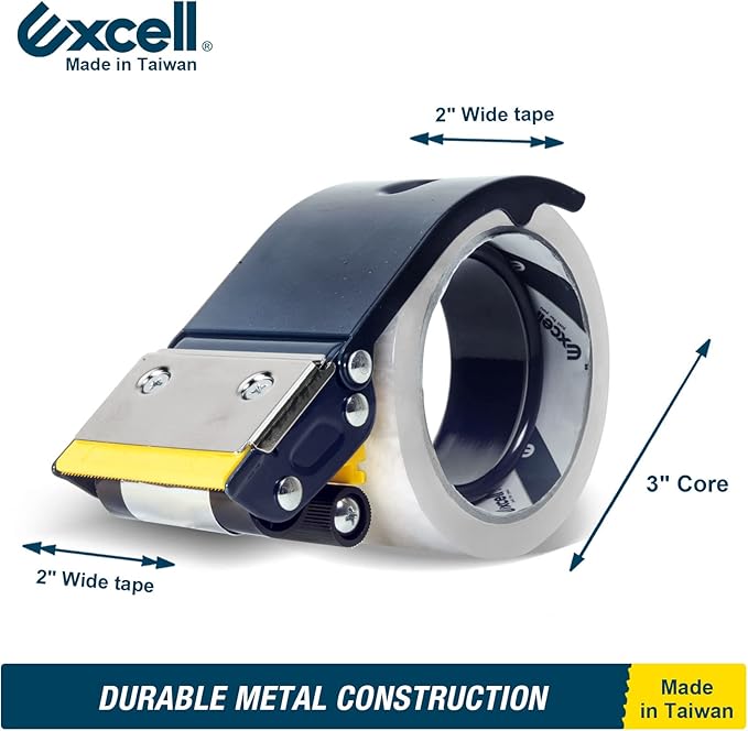 Excell ET-22686 Anti-Backflow Metal Packaging Tape Dispenser (2" Wide): Ideal for Packaging, Transportation, and Box Sealing. Includes Tape Gun and 1 roll of Tape. Durable Metal Construction.