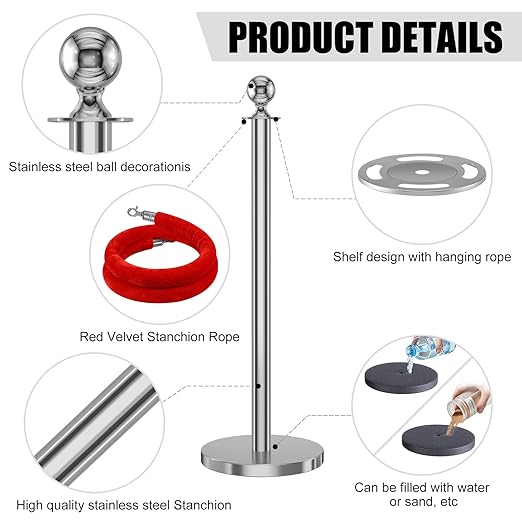 kaiyomi 8Pcs Stanchions with Red Velvet Ropes Set, 5 Feet Velvet Ropes and Posts Poles for Red Carpet Party Decoration and 360° Photo Booth (Silver)