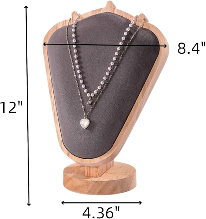 Natural Body Wood Necklace Display Stand with Gray Flannelette Soft Mat Necklace Holder Organizer Desktop Stand for Home Store Dresser-4.45"x8.4"x12"