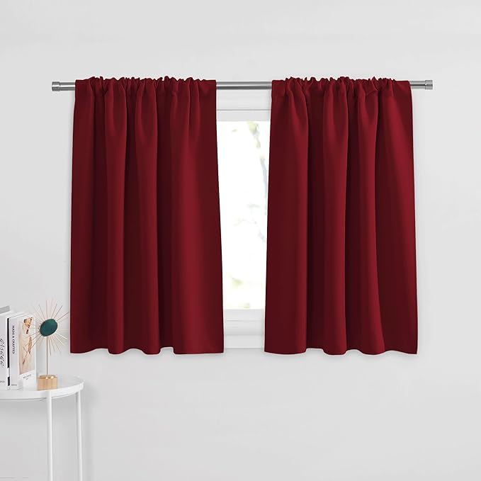 PONY DANCE Short Curtains for Small Window - Home Decoration Rod Pocket Solid Blackout Curtain Tiers Wide for Bathroom/Bedroom, 42-inch x 36-inch, Red, Set of 2