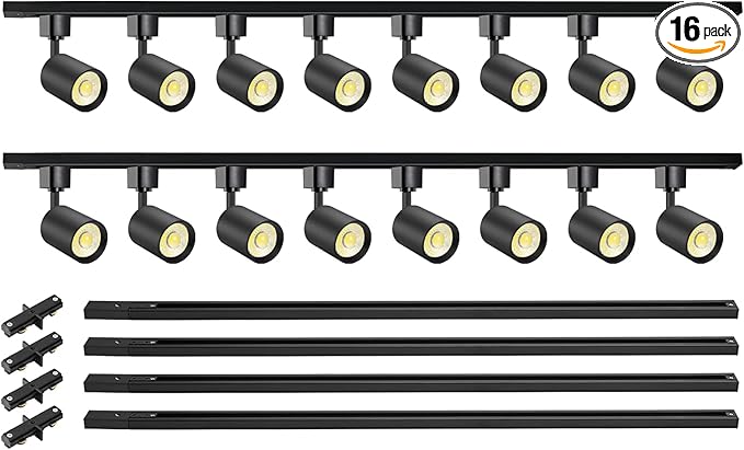 VANoopee 16-Light LED Track Lighting Kit with 13FT H Type Track Rails, Dimmable Track Light Heads Bright Ceiling Spotlight Fixture for Kitchen Accent Art, 3000K Warm White, No Flicker 10W 800lm Black