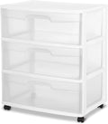 3 Drawer Wide Plastic Storage Cart with Clear Pull-Out Drawers & 4 Wheels - Medium Home Organization Container for Classroom Bathroom Dorm Bedroom Laundry Room (White)