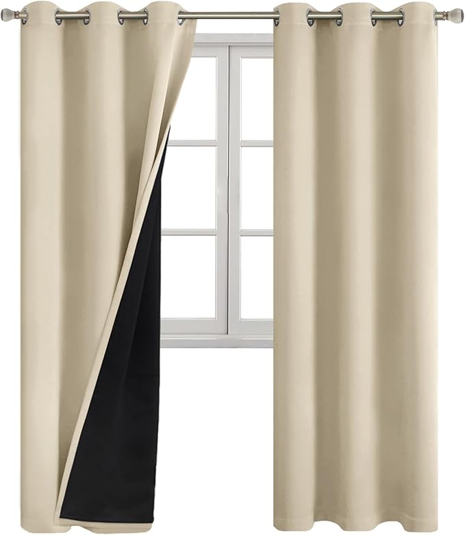 Beige Blackout Curtains 84 Inch Length 2 Panels Set for Living Room, Thermal Insulated 100% Room Darkening Light Blocking Soundproof Grommet Window Curtains with Black Liner, Each 42 Inch Wide