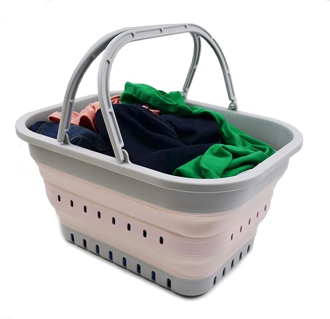 SAMMART 19L (5 Gallon) Collapsible Tub with Handle - Portable Outdoor Picnic Basket/Crater - Foldable Shopping Bag - Space Saving Storage Container (1, Grey/Pink)