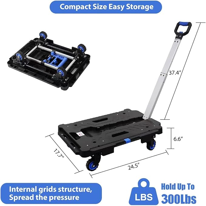 LEADALLWAY 2 Pcs Set Platform Truck Folding Multiple Carts Assembly Feasible Dolly Cart(24.4" L x 17.7" W with Handle + 24.2" L x 18.1" W)