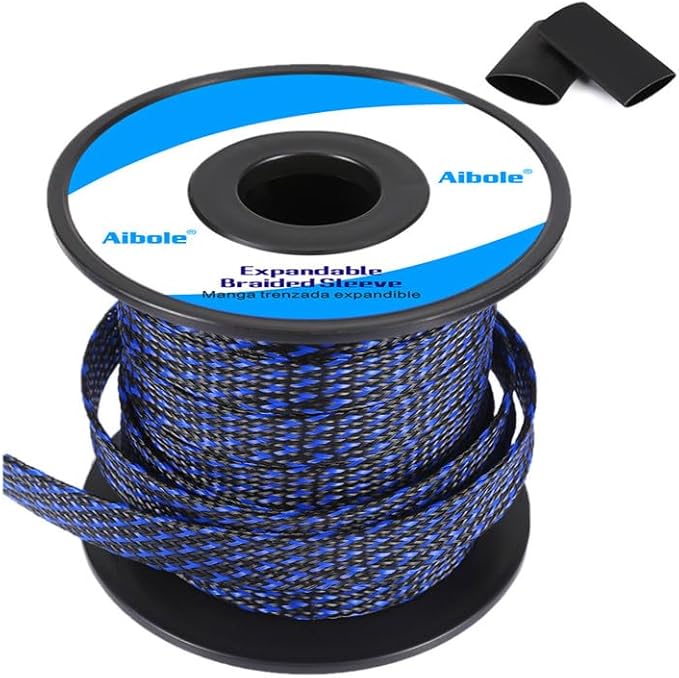 100Ft-1/2inch PET Expandable Braided Wire Sleeving,Wire Loom Cable Sleeve for TV,Computer,Home Theater,Automotive,Home Industrial,Electrical Wires,Chemical,Protect Cat from Chewing Cords,BlackBlue
