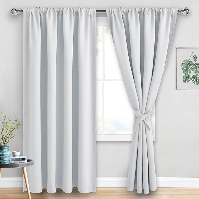 JIUZHEN Blackout Curtains for Bedroom - 60 Inch Extra Wide Thermal Insulated Room Darkening Privacy Soundproof Curtains for Living Room, Set of 2 Panels with Tiebacks, 60 x 84 inches, Greyish White