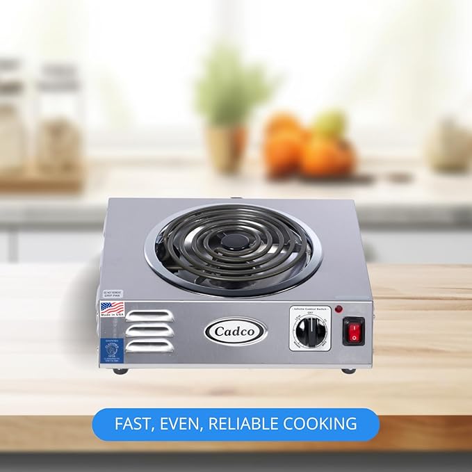 Cadco CSR-3T 14" Electric Portable Countertop Hi-Power Hot Plate w/One Tubular Burner for Restaurant Hotel Food Truck Concession Kiosk, Stainless Steel, 120v
