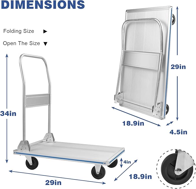 Flatbed Cart Aluminum Foldable Platform Cart 440lbs Capacity(29" Lx19 W)