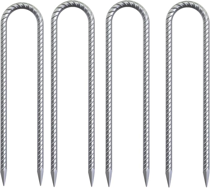 16 Inch Heavy Duty Trampoline Stakes, U Shaped Rebar Ground Anchors for High Wind, 3/8" Thick Steel U Shaped Stakes for Trampoline, Tent, Canopy, Swing Set, Playground & Bounce House, 4 Pack